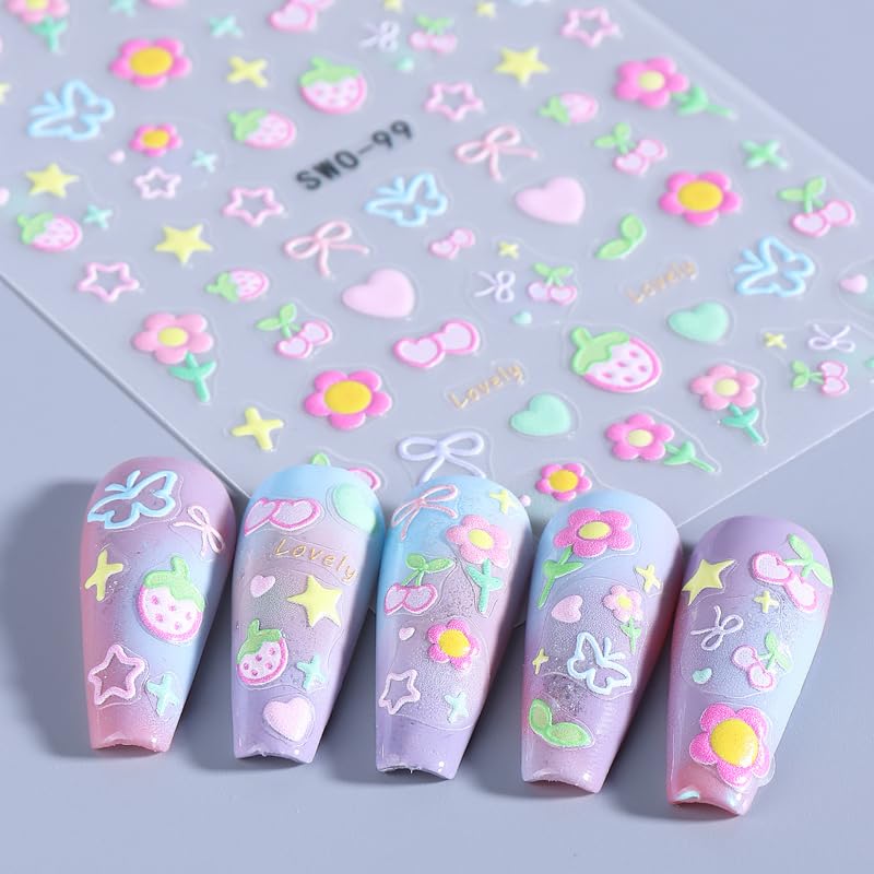 4Pcs 3D Flower Nail Art Stickers - Cherry & Strawberry Design