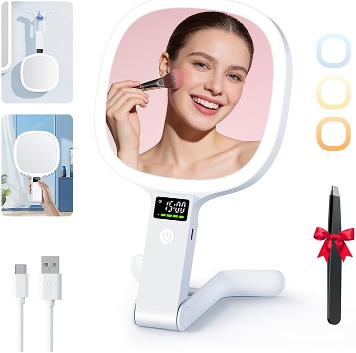 Auxmir Travel Makeup Mirror - 30X/1X Rechargeable Lighted Magnifying Mirror with 3 Color Dimming | Portable & Foldable Design, White