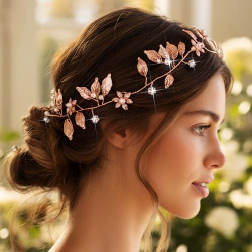 Rose Gold Wedding Hair Vine Headband - Gold Leaf Bridal Accessory