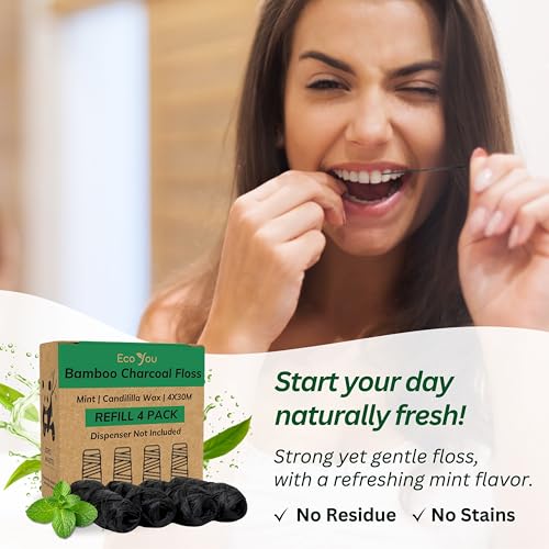 EcoYou Vegan Bamboo Charcoal Dental Floss Refill Pack - Mint, 4 Spools