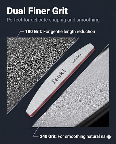Teuki 12pc Nail Files 180/240 Grit Double-Sided Washable Emery Boards for Poly Nails & Acrylics (7.09 x 1.10 in) – Includes 180/240 Grit Variation