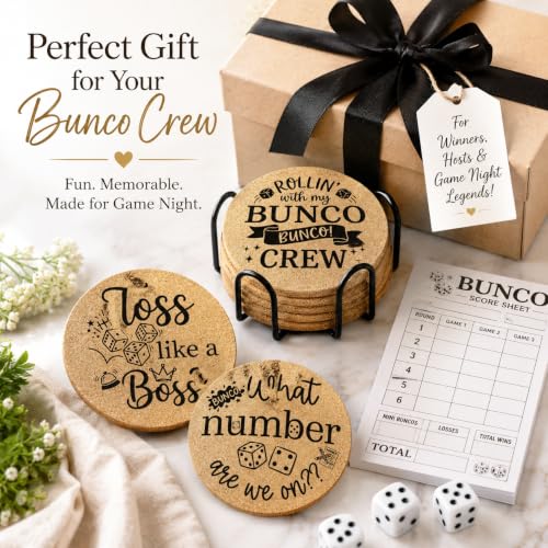 Funny Bunco Coasters Set of 6 with Holder - Cork Drink Coasters