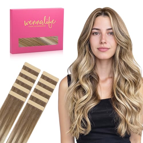 WENNALIFE Tape In Hair Extensions Human Hair Balayage Blonde 12 Inch 20g