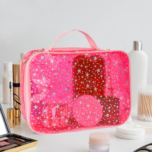 Pink Star Pattern Waterproof Makeup Bag - Travel Cosmetic Organizer, 9.84x7.09x3.94 inches