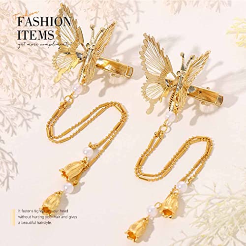 Gold Butterfly Hair Clips with Tassels for Women & Girls - Set of 2