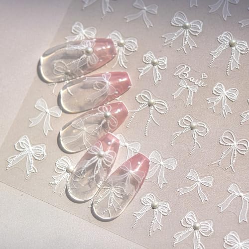 White Pearl Embossed Bow Nail Stickers for Elegant Nail Art - Self-Adhesive, 52 Designs