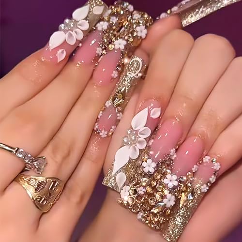RTKHFZE Style16 Long Square Gold Glitter French Tip Fake Nails with Flowers & Rhinestones - Press On Nails for Women