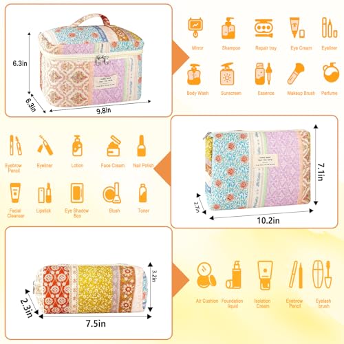 URSKYTOUS 3-Piece Floral Quilted Makeup Bag Set with Travel Organizer - Large & Small Cosmetic Pouches for Women, Portable Toiletry Bags, Cute Aesthetic Design