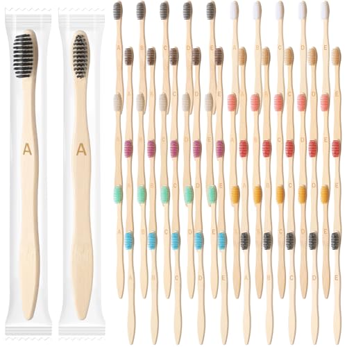 Sieral 60 Pcs Bamboo Toothbrush Bulk Set, Soft Bristles, Letter Marked 19cm