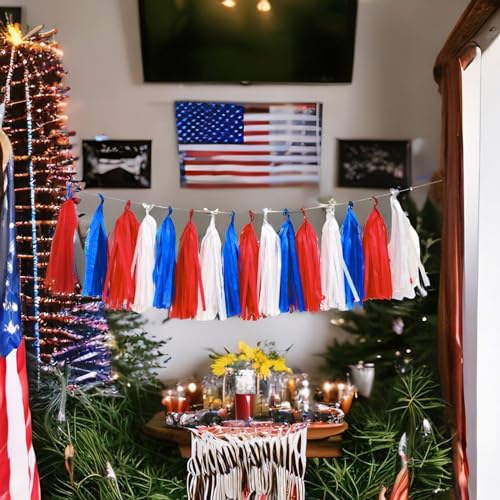 Red White and Blue Tassel Garland - 20 Tissue Tassels for Parties