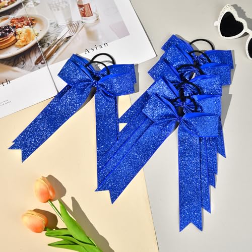 DEEKA Royal Blue Glitter Cheer Bows - 12 Pack Long Tail Ponytail Holders