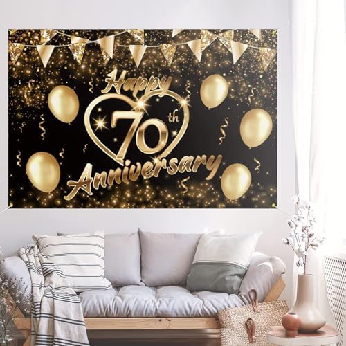 Happy 70th Anniversary Party Backdrop Banner - Black Gold Glitter