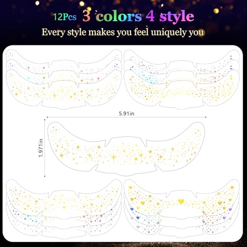 HyperFun Holographic Multicolor & Gold Silver Glitter Freckles Face Stickers 12Pcs Waterproof Makeup Patches for Women Festival Party