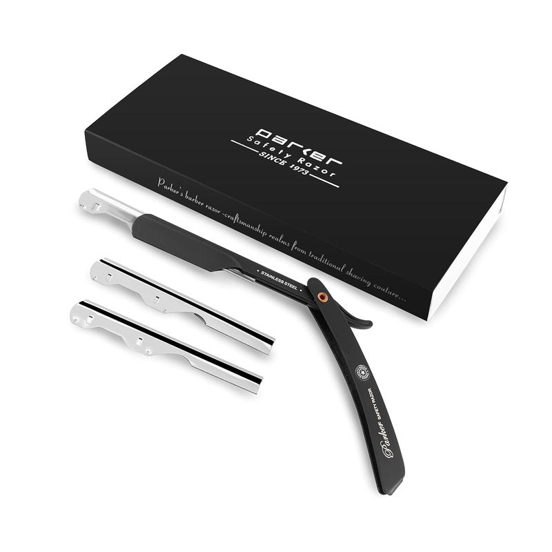Parker PTABK Adjustable Stainless-Steel Barber Razor | 3 Blade Exposures (Low/Medium/High) | Straight Shavette with 5 Premium Platinum Refills | Black Stainless Steel Handle