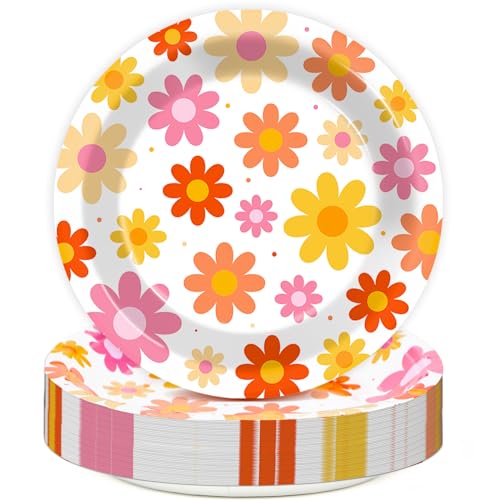48 Pack Daisy Flower Paper Plates - 7 Inch Disposable Dinnerware Set