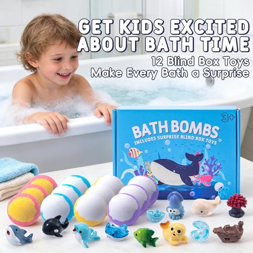 Ponomoba Organic Bath Bombs for Kids with Ocean Animal Surprise Toys (12 Pack)