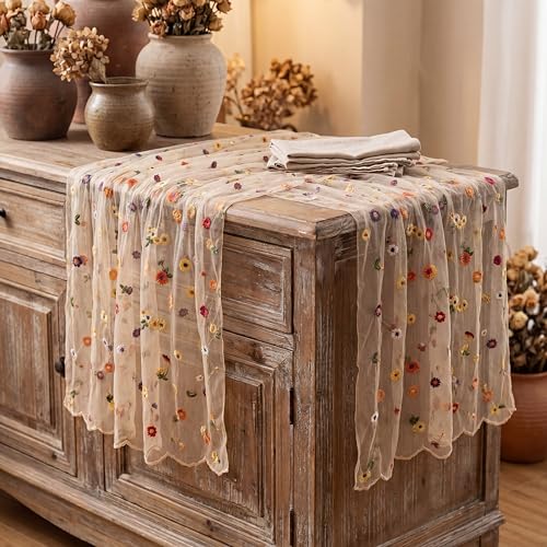 Champagne Floral Table Runner 30x120 Inch - Embroidered Daisy Tulle for Weddings & Parties