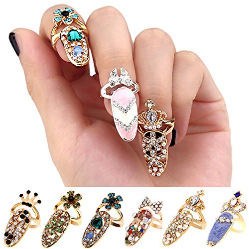 12 Pcs Adjustable Rhinestone Bowknot Nail Rings Set - CoscosX