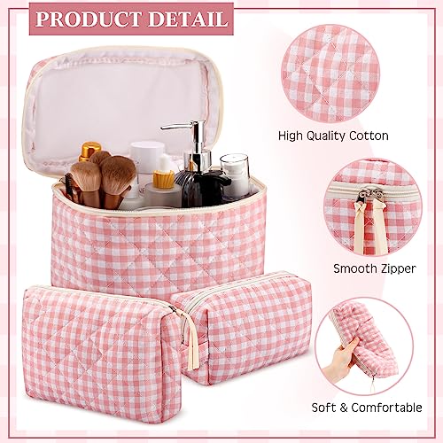 Paterr Pink Quilted Cotton Makeup Bag Set 3 Pcs Travel Cosmetic Organizer