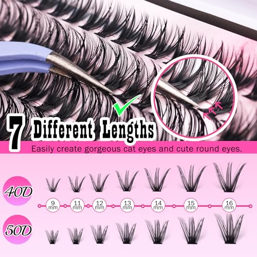 FANXITON DIY Individual Eyelash Extension Kit, Thick Volume Lash Clusters 40D+50D D Curvature, 280 Pieces Thin Band Cluster Lashes with Bond and Seal Tweezers
