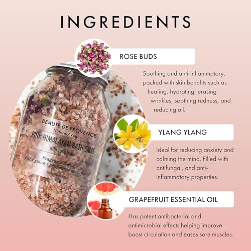 Beaute De Provence Pink Himalayan Bath Salts with Rose Buds - 100% Natural Aromatherapy