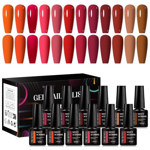MEET ACROSS 12PCS Gel Nail Polish Set - 3 Fl Oz, Trendy Colors, Long-Lasting, Gift Box