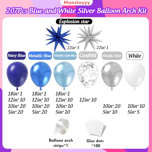 207-Piece Blue White Silver Balloon Garland Kit with Stars
