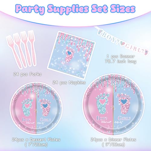 97 Pcs Gender Reveal Party Supplies Set for 24 Guests - Plates, Napkins, Forks & Banner