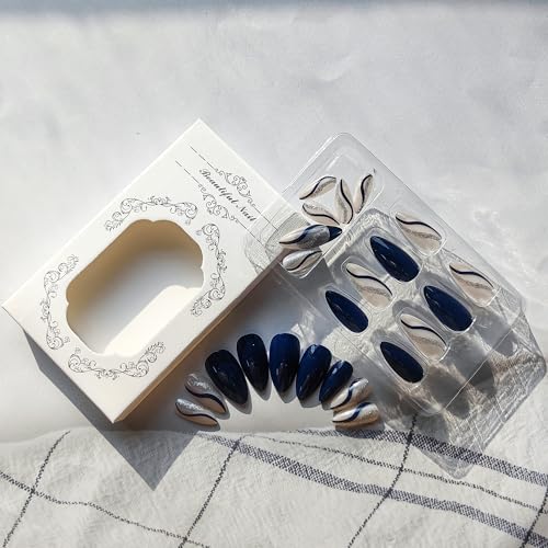 Swirl Blue Press-On Nails - Medium Length Almond Fake Nails with Glitter and Designs for Women