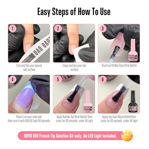 NOVO OVO French Tip Solution Kit – UV Nail Glue Builder Gel Top Coat Bundle (10 ml each) – Includes One Multi-Function Pink Bottle Gel