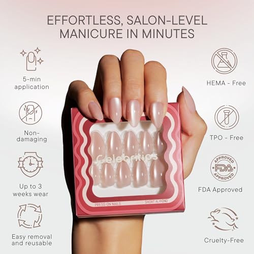 Celebritips Short Almond Press-On Nails - She Wears Crystals, 32 Nails Kit with Glue