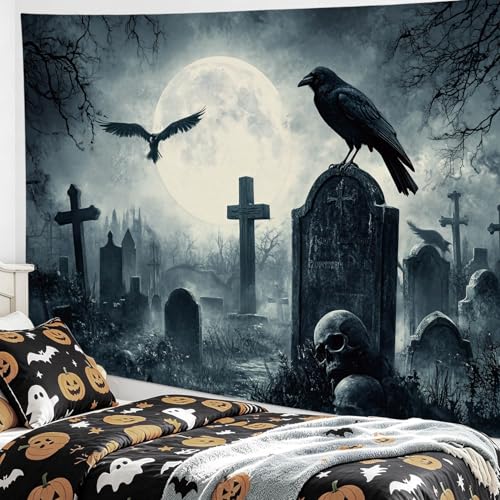 Gothic Halloween Tapestry Wall Hanging | Scary Crow & Graveyard Decor, 60x40 In