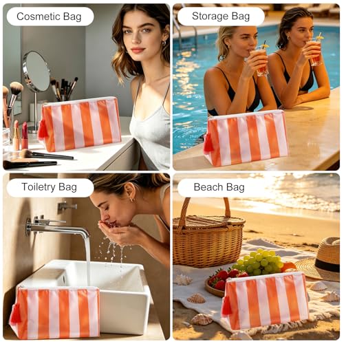 Cute Pink-Orange Striped Makeup Bag - Waterproof Travel Pouch