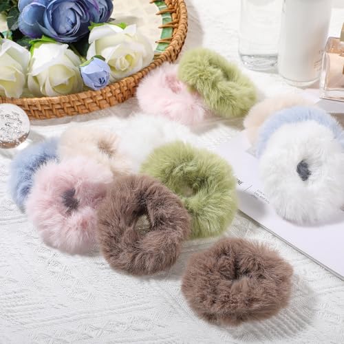 12 Pack Fluffy Hair Scrunchies for Women - Soft Pom Pom Ties