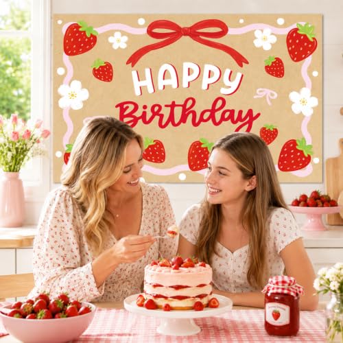 Strawberry Birthday Backdrop Banner - 39x24.5 Inch Berry Decor