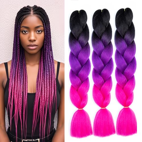 SHUOHAN 24 Inch Jumbo Braiding Hair Extensions - Black to Purple to Rose (6 Pack)
