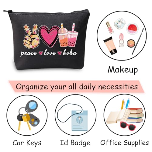 Peace Love Boba Canvas Cosmetic Bag - Cute Bubble Tea Makeup Pouch