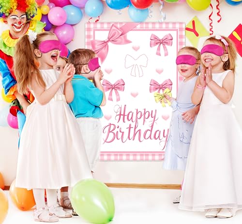 Pin The Bow Party Game Set - Pink Poster & Stickers for Kids