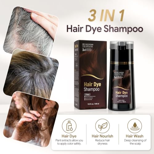Dark Brown Hair Dye Shampoo for Gray Hair - 400ML, Easy Use, Salon Results