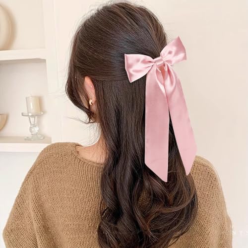WantGor Pink Satin Long Tail Bow Hair Clips - Elegant Hair Ribbon for Women