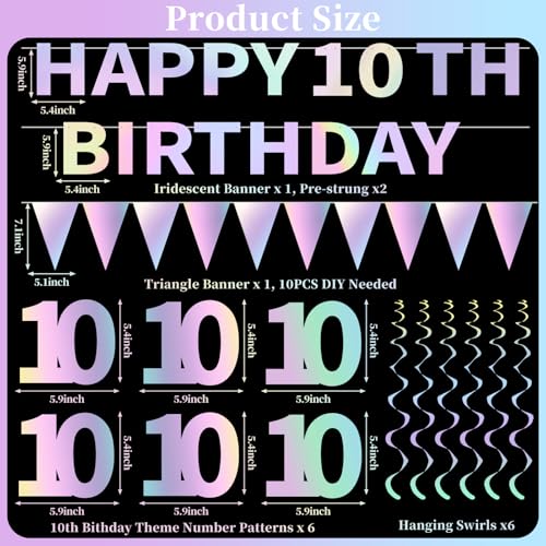 Iridescent 10th Birthday Decorations Kit - Happy 10th Banner & Swirls