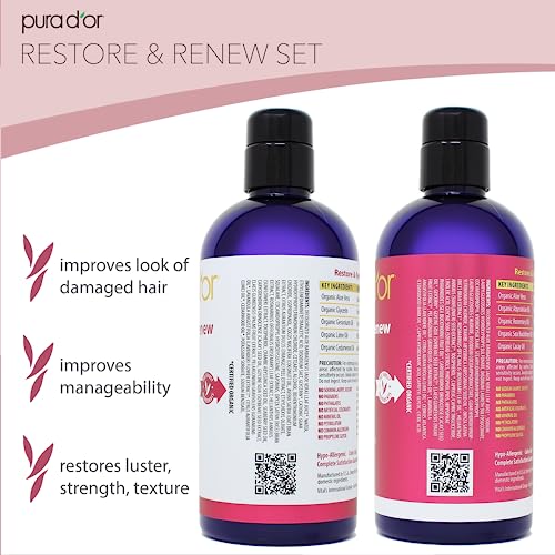 PURA D'OR Restore & Renew Shampoo 16oz for Damaged Hair Protection & Growth