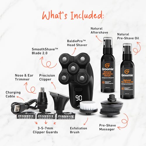 GROOMIE No Hair, Don't Care Bundle - 5D BaldiePro Electric Head Shavers for Bald Men, Natural Pre-Shave Oil to Promote Close Shave, & Natural Aftershave Serum - Mens Head Shaver Kit w/Electric Razor