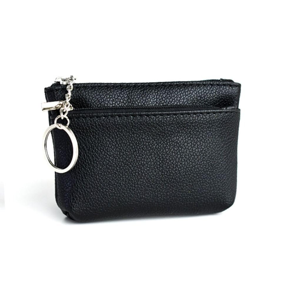 Mini Change Purse with Key Ring Small Zipper Short Wallet Card Pocket PU Leather Coin Purse Outdoor(black)