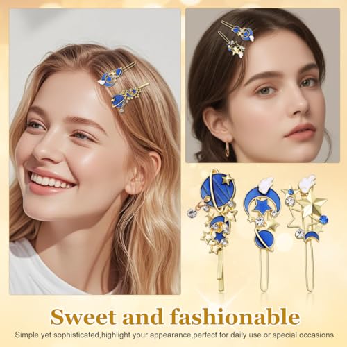 Beavorty 9 Pcs Gold Moon & Star Rhinestone Hair Clips Blue Variation Pack of 1