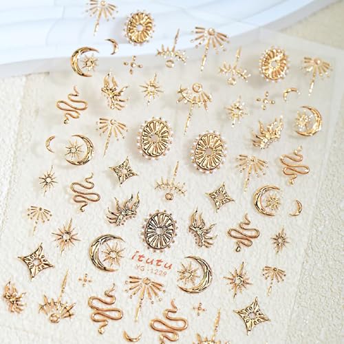 Gold 5D Nail Art Stickers - Star & Moon Design Self-Adhesive Decals
