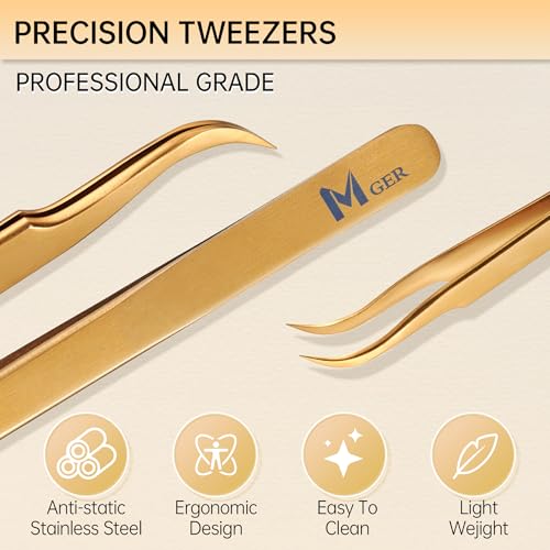MGER Gold Lash Tweezers Pack of 2 - Curved & Dolphin-Shaped Eyelash Extension Tools