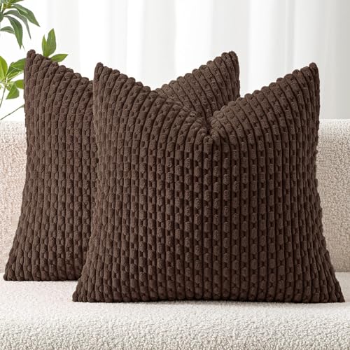MIULEE 18x18 Decorative Corduroy Pillow Covers - Pack of 2, Dark Brown Striped for Modern Farmhouse Decor