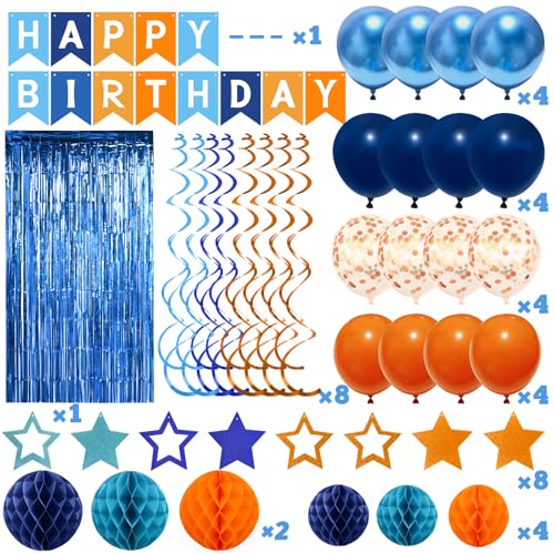 Navy Blue and Orange Birthday Decorations Set - Recosis Party Supplies with Balloons, Banner, Honeycomb Balls & Streamers