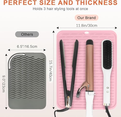 15.7" Oversize Heat Resistant Silicone Mat for Styling Tools: Curling Iron, Flat Iron, Hair Straightener - Portable Hair Styling Pad Cover Pink
